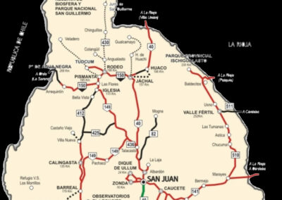 Provincia de San Juan, en verde la ruta elegida, otra alternativa es por el norte